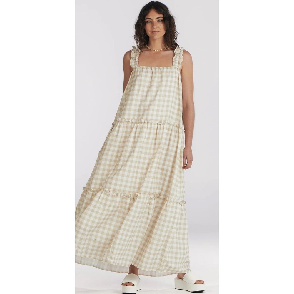 Charlie Holiday Dress Womens L  Lottie Maxi Yellow Gingham Tiered Cottagecore